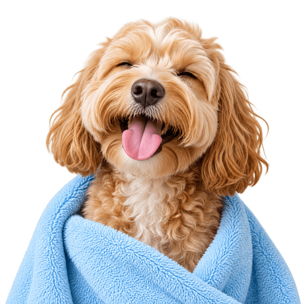 Happy dog wrapped in a light blue towel