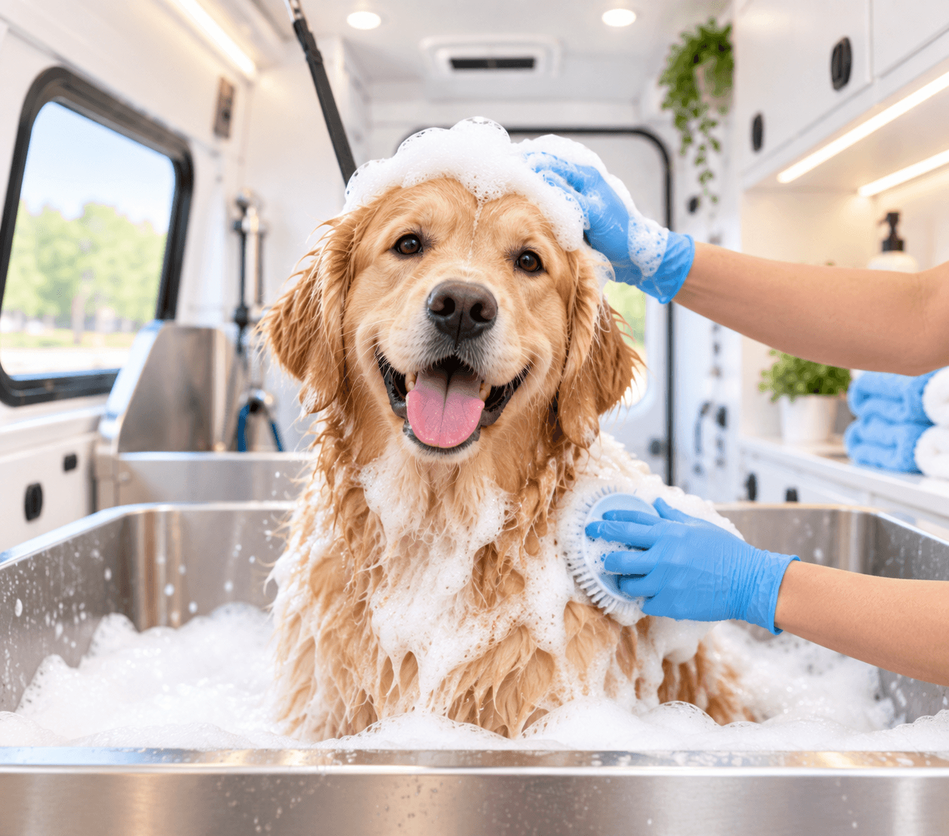 Happy golden retriever with a fresh bath and soap bubbles